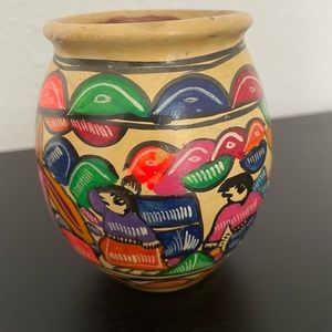 South American Colorful Handpainted Pottery Vase Planter Round Bottom 4.5H